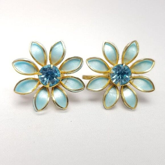 Vintage B.N. Signed Blue Enamel Rhinestone Daisy Flower Clip On Earrings - Picture 1 of 6